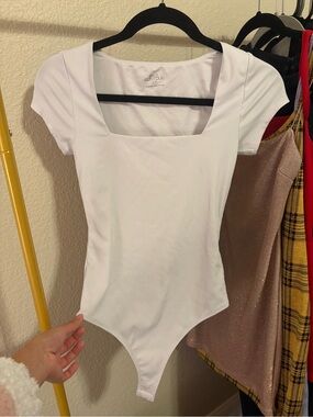 White Ribbed Square Neck Bodysuit